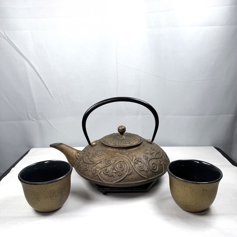 RARE Joyce Chen for Teavana Teapot Set / Strainer Warmer Cups Saucer / Cast Iron